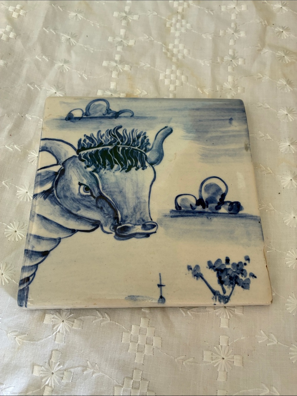 Blue and White Ceramic Bull Art Tile - Decorative Home Accent Trivet